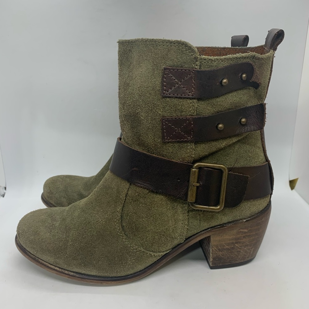 Anthropologie Sixty Seven Baxter Olive Green Suede Belted Heeled Bootie 5.5